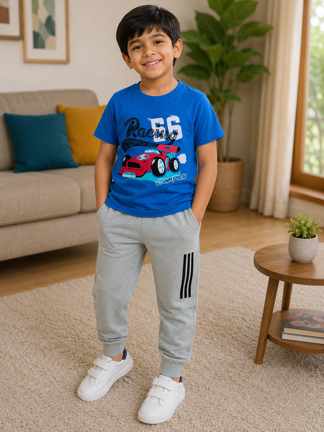 Bright Blue T-Shirt and Grey Pants