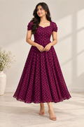 Plum Shade Flowy Maxi with Short Gathered Sleeves