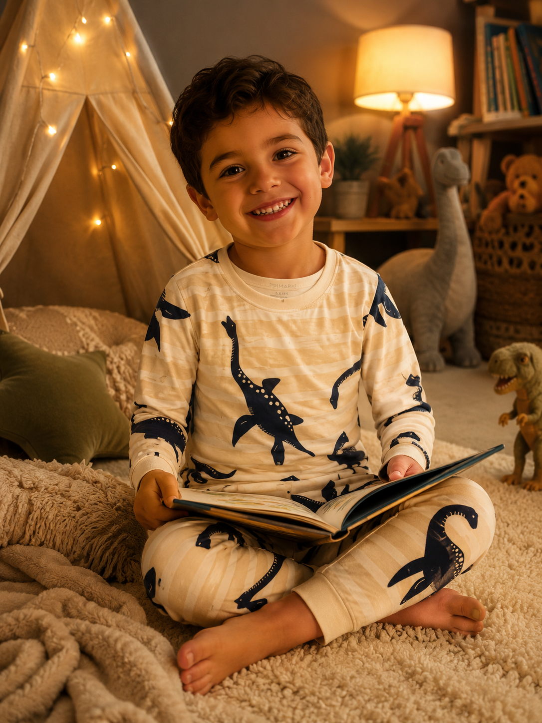 Beige Dinosaur Themed PJ Set