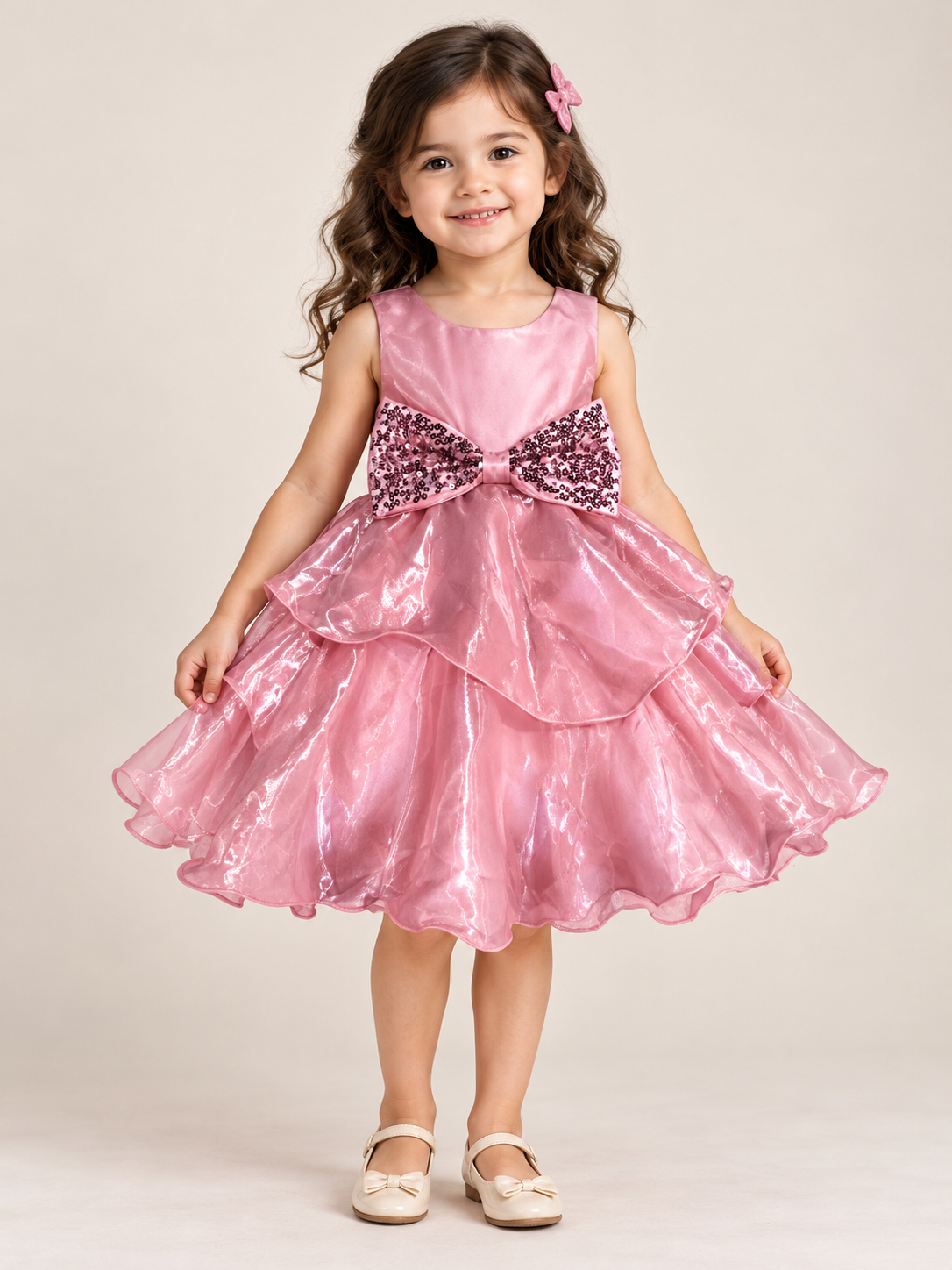 Rose Gold Shiny Layered Party Wear Dress with Sequinned Bow