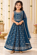 Teal Embroidered Girls Lehenga with Shawl - Girls Ethnic Wear
