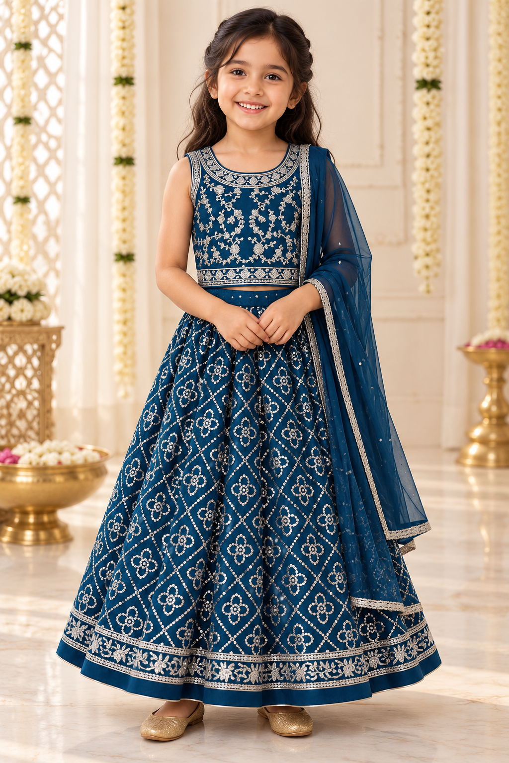 Teal Embroidered Girls Lehenga with Shawl - Girls Ethnic Wear