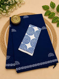 Navy Blue Printed South Cotton Saree with Unstitched Contrast Blouse