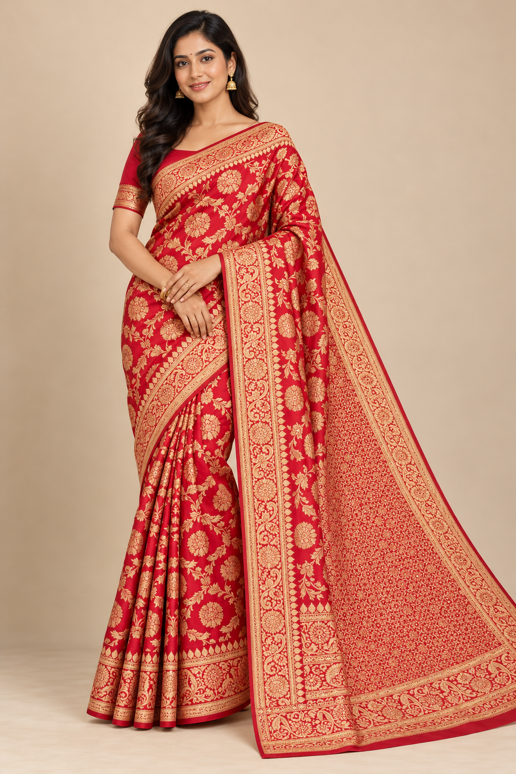 Red and Gold Printed Saree