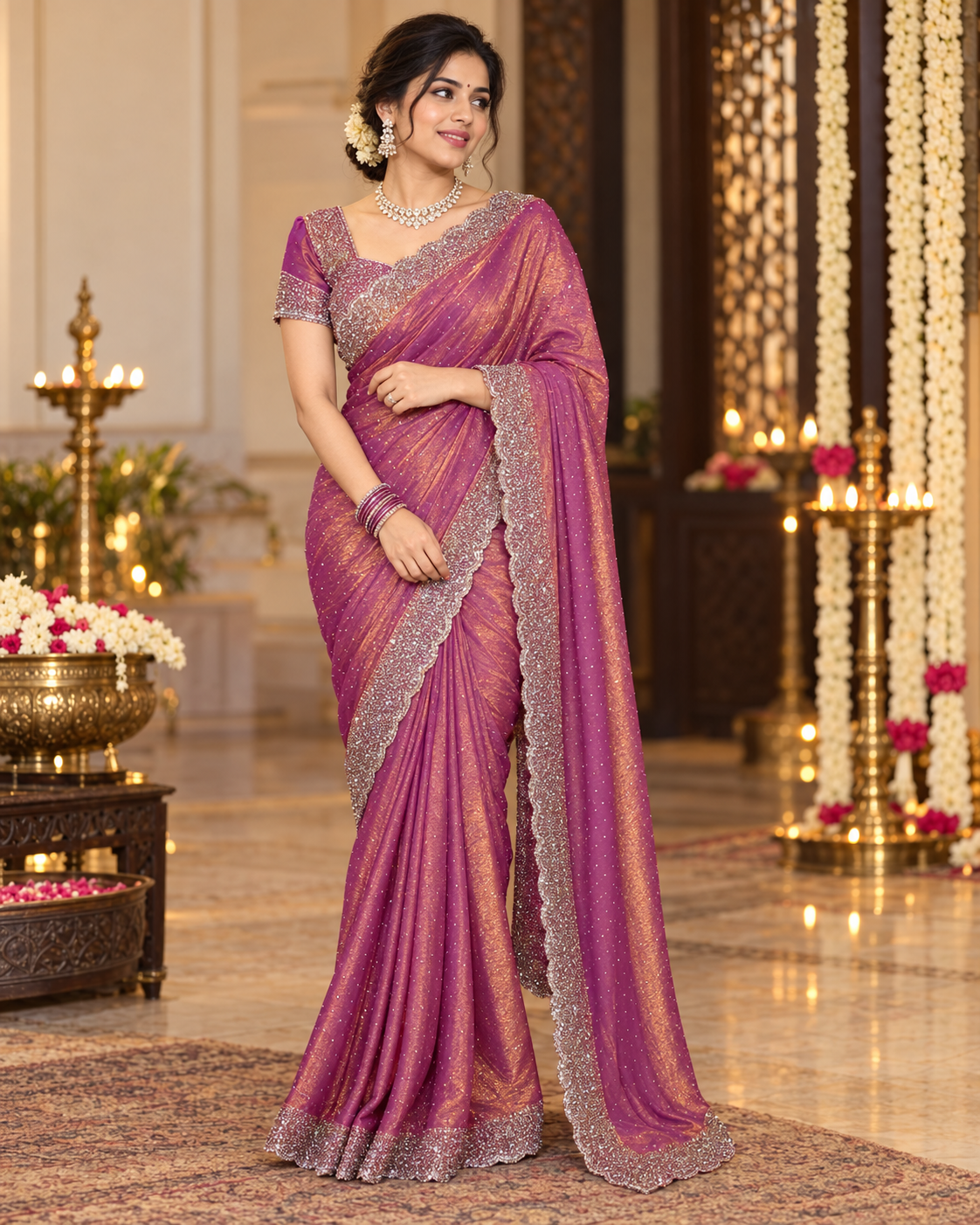 Onion Pink Space Silk Saree with Heavy Stone-Work Border
