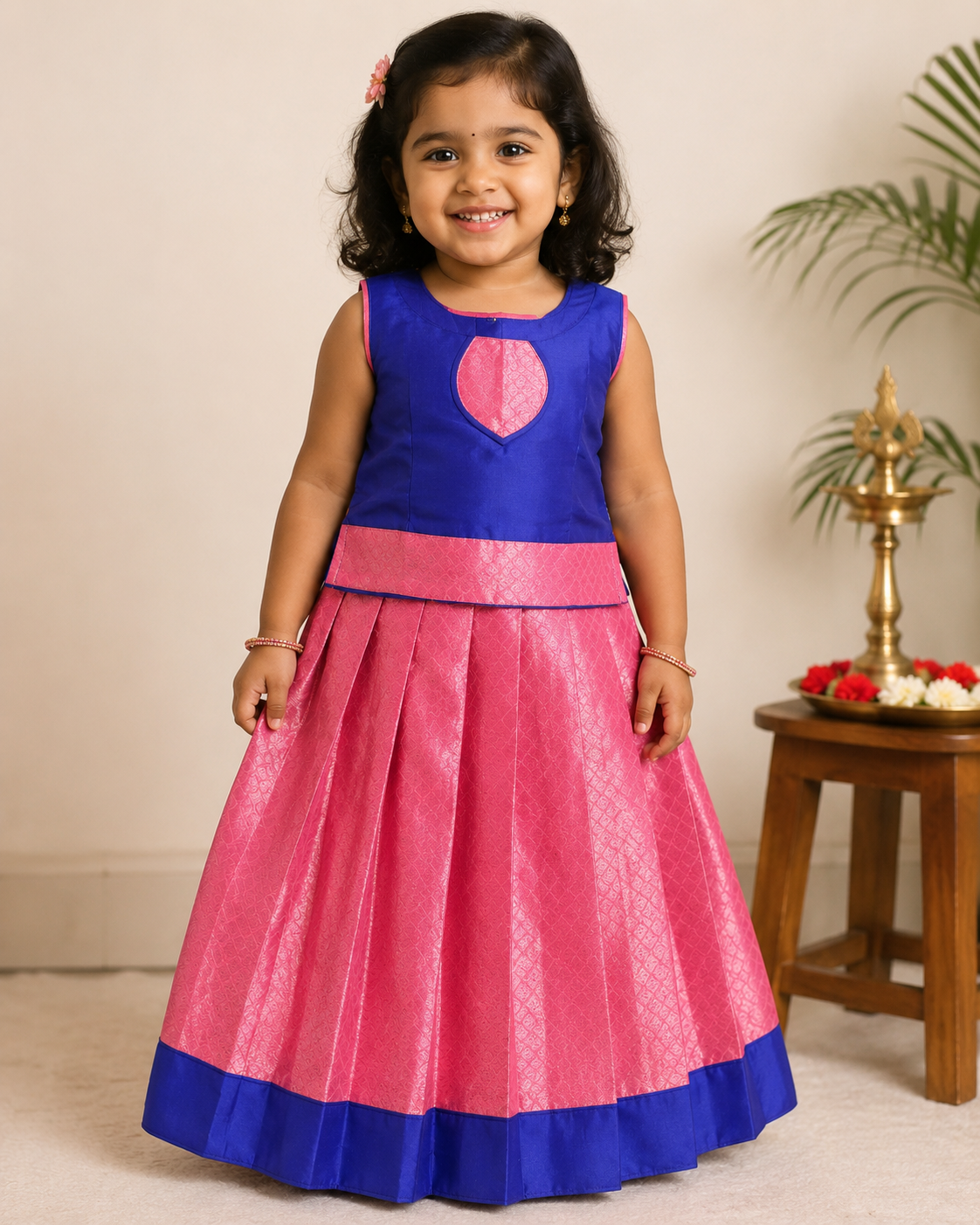 Pink and Blue Ethnic Pavadai / Lehenga - Girls Ethnic Wear