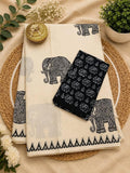 Beige Elephant Printed South Cotton Saree with Unstitched Contrast Blouse