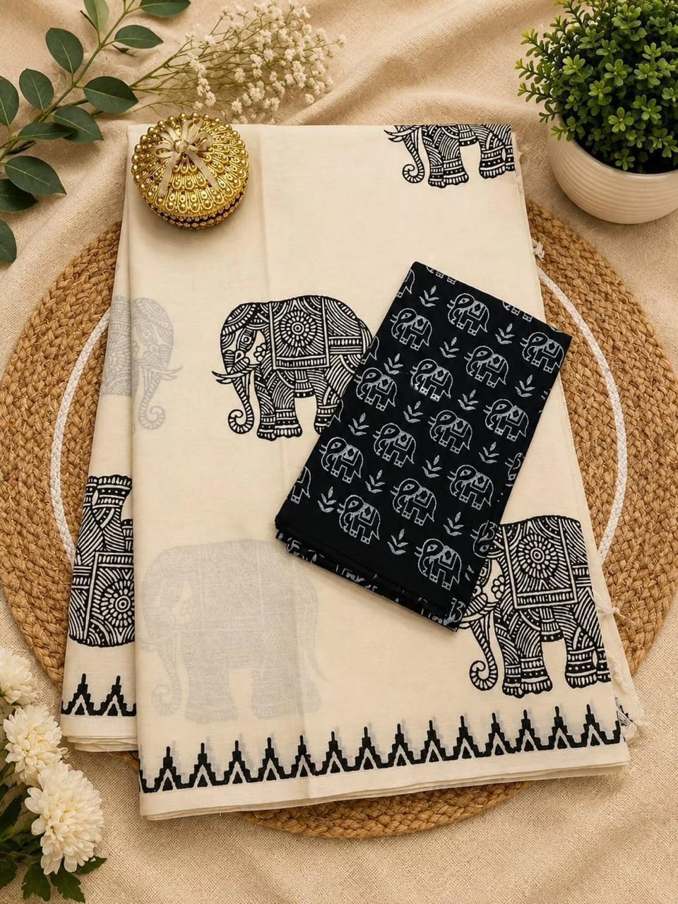 Beige Elephant Printed South Cotton Saree with Unstitched Contrast Blouse