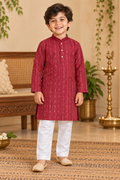 Maroon Printed Kurta and White Pant - Boys Ethnic Wear
