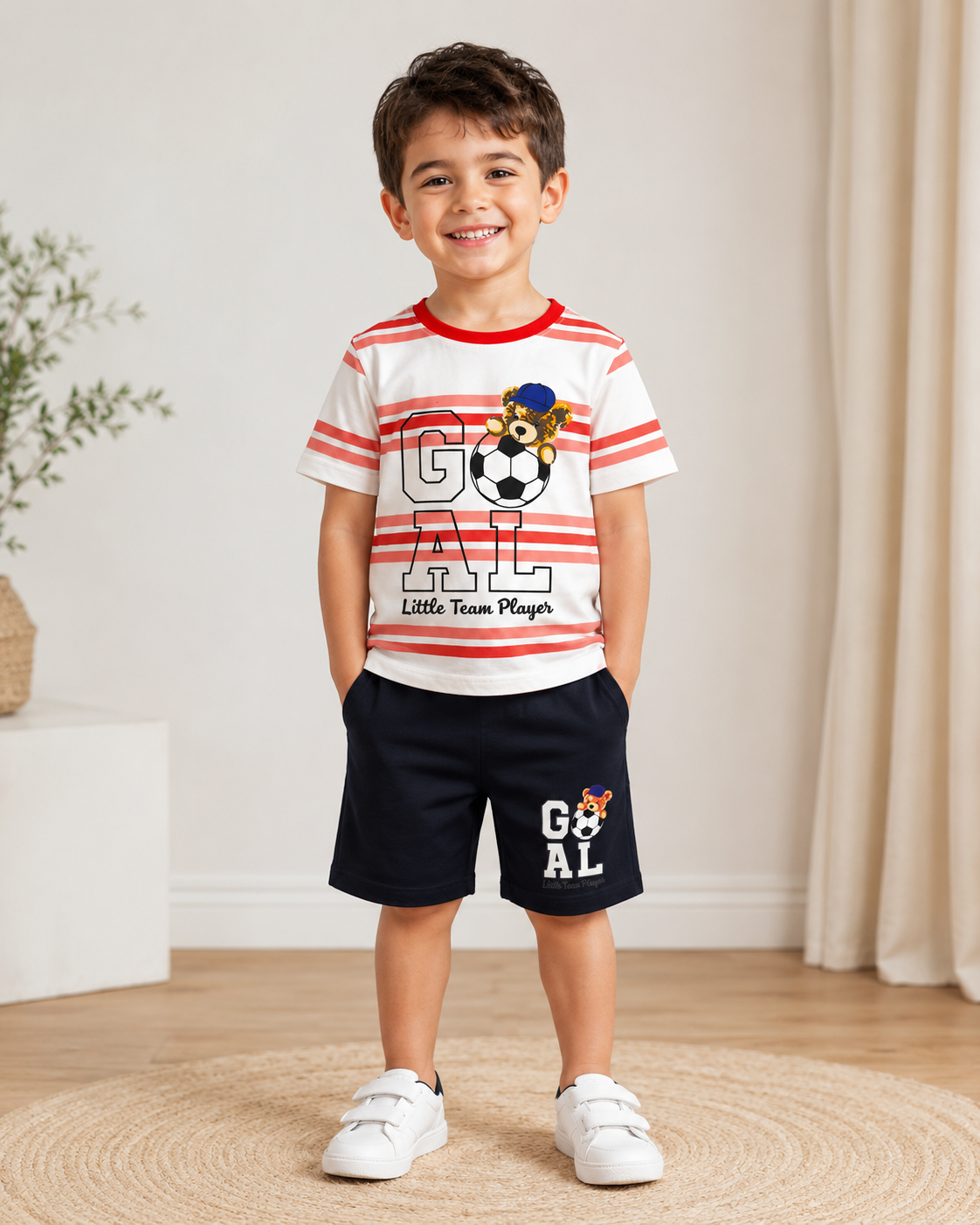White and Orange Printed T-Shirt with Black Printed Shorts