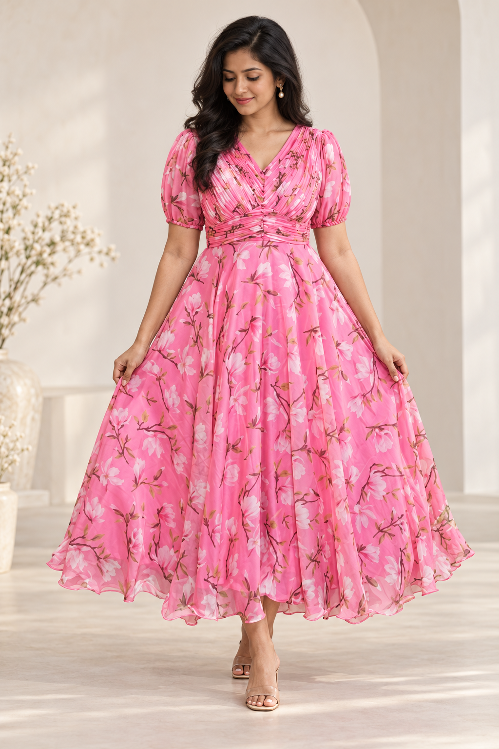 Pink Floral Maxi with Puffed Sleeves