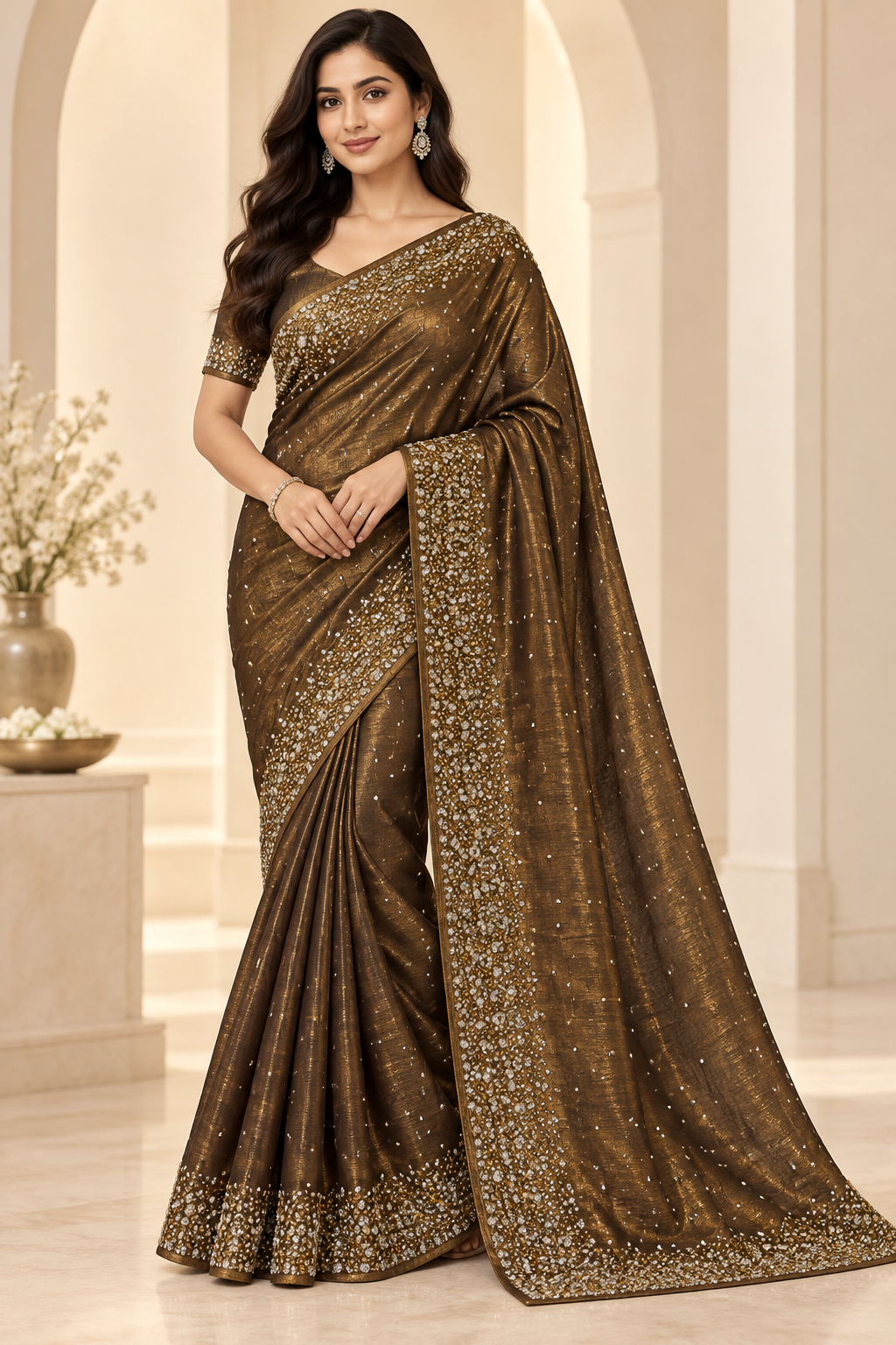 Metallic Bronze Space Silk Saree with Stonework Border (Unstitched Blouse)