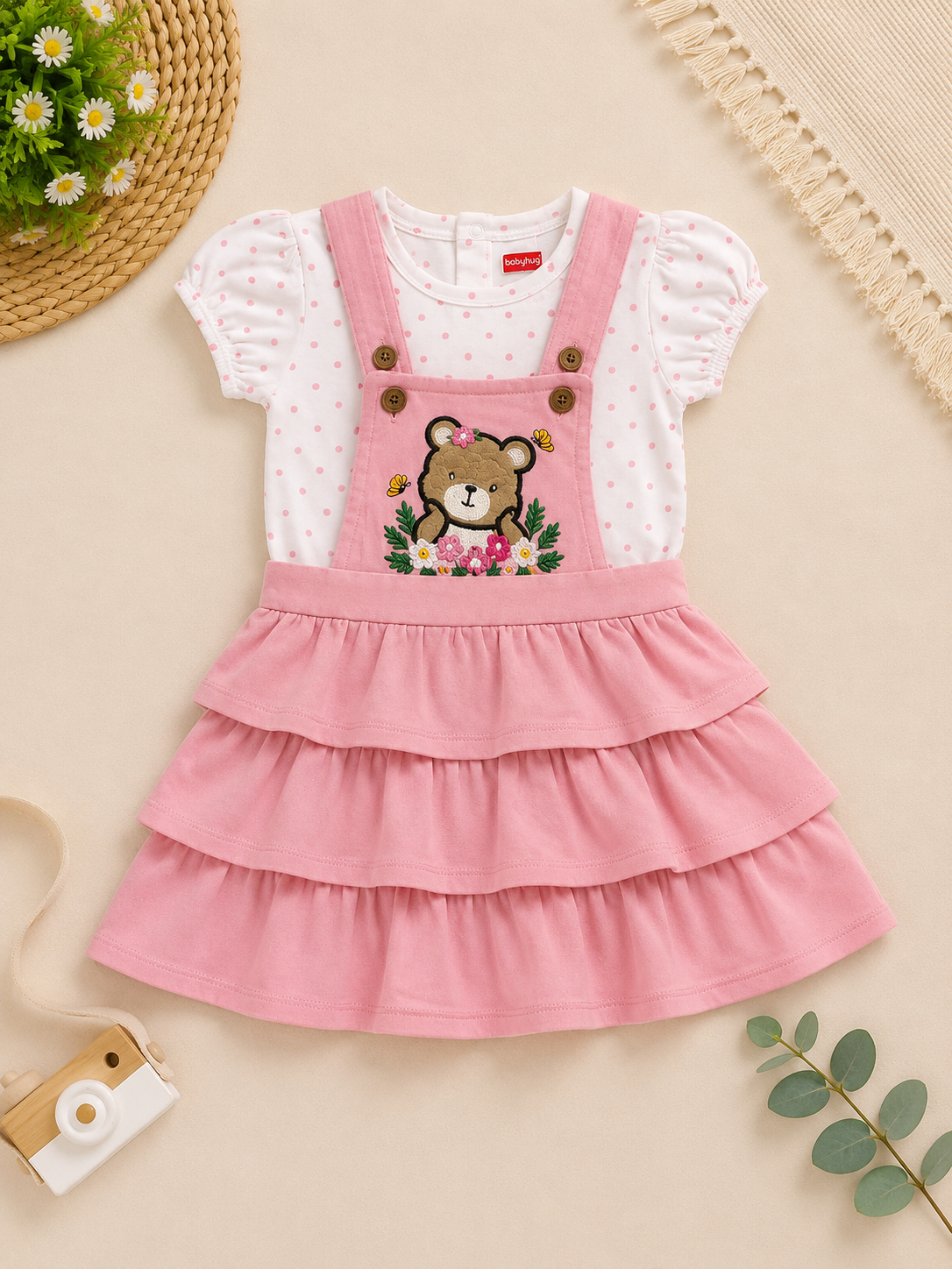 White Pols Dot T-Shirt and Pink Teddy Print Tunic