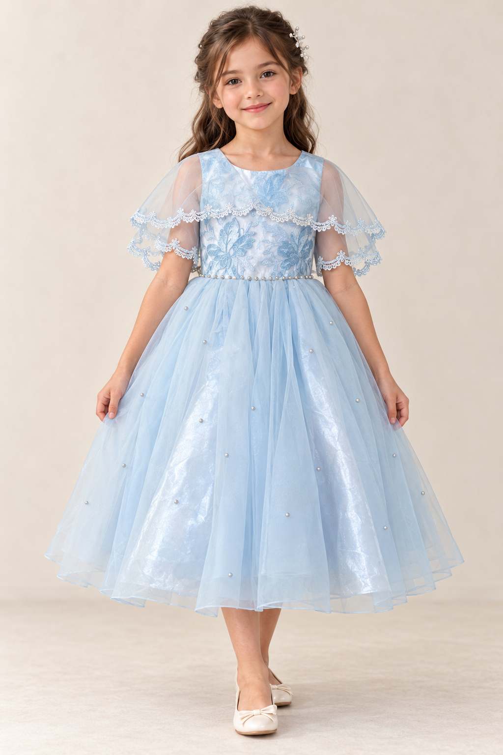 Pastel Blue Heavy Flared Embroidered Party Wear Dress With Attached Sheer Cape