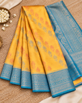 Yellow and Blue Pochampally Weaving Soft Silk Saree