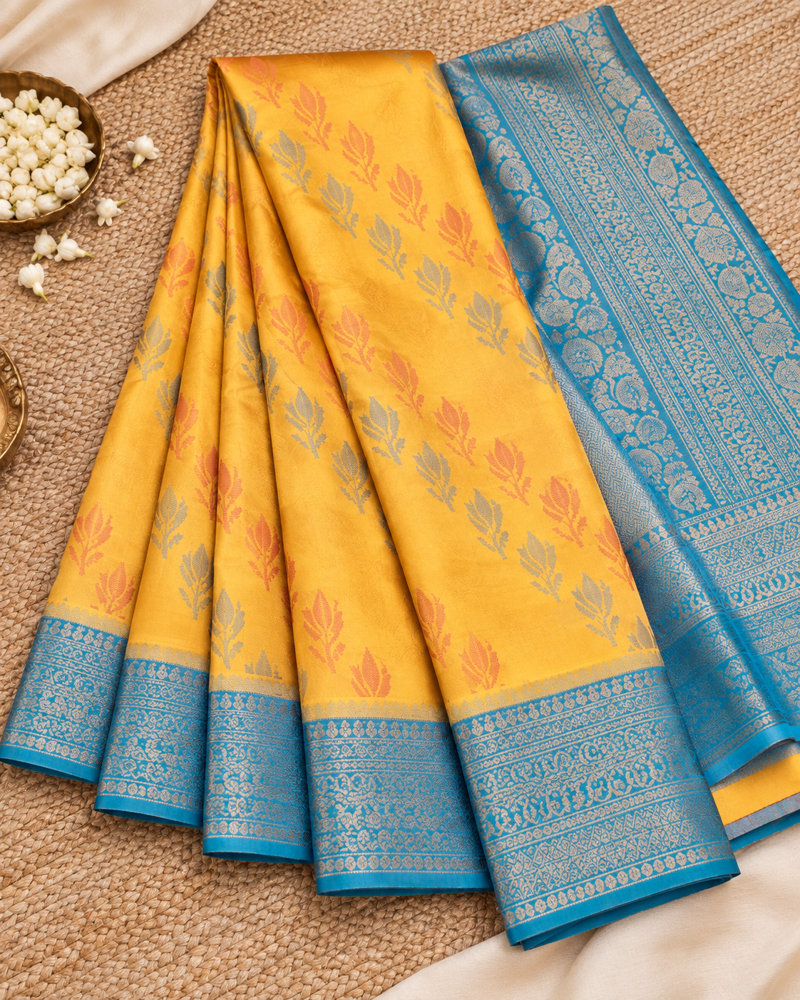 Yellow and Blue Pochampally Weaving Soft Silk Saree