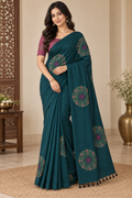 Teal Blue Linen Cotton Saree with Contrast Blouse