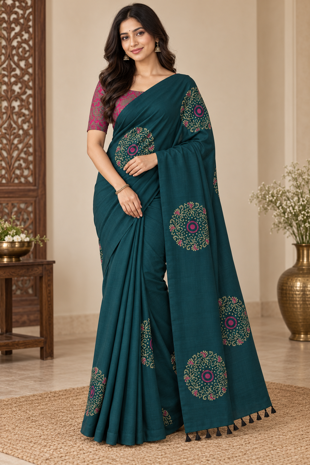 Teal Blue Linen Cotton Saree with Contrast Blouse
