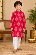 Red Printed Kurta and White Pant - Boys Ethnic Wear