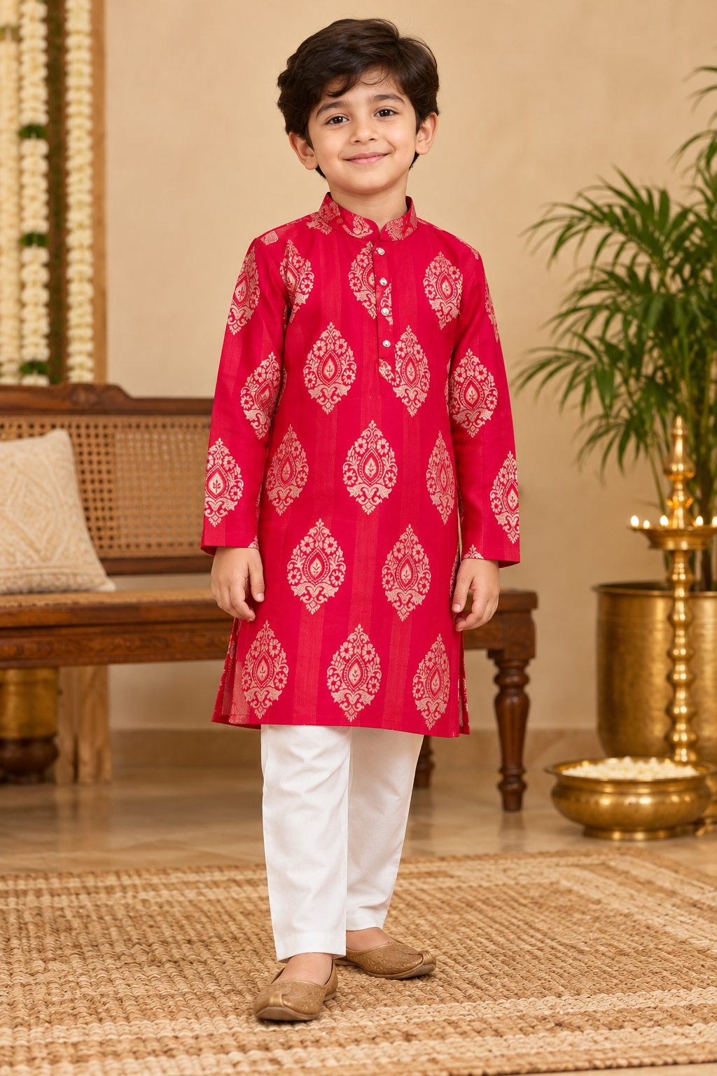 Red Printed Kurta and White Pant - Boys Ethnic Wear