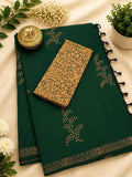 Deep Green Printed South Cotton Saree with Contrast Blouse