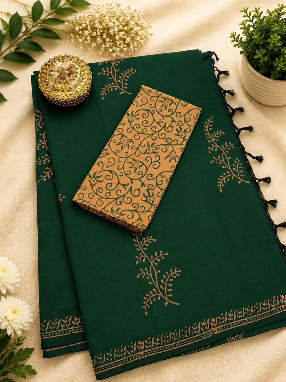 Deep Green Printed South Cotton Saree with Contrast Blouse