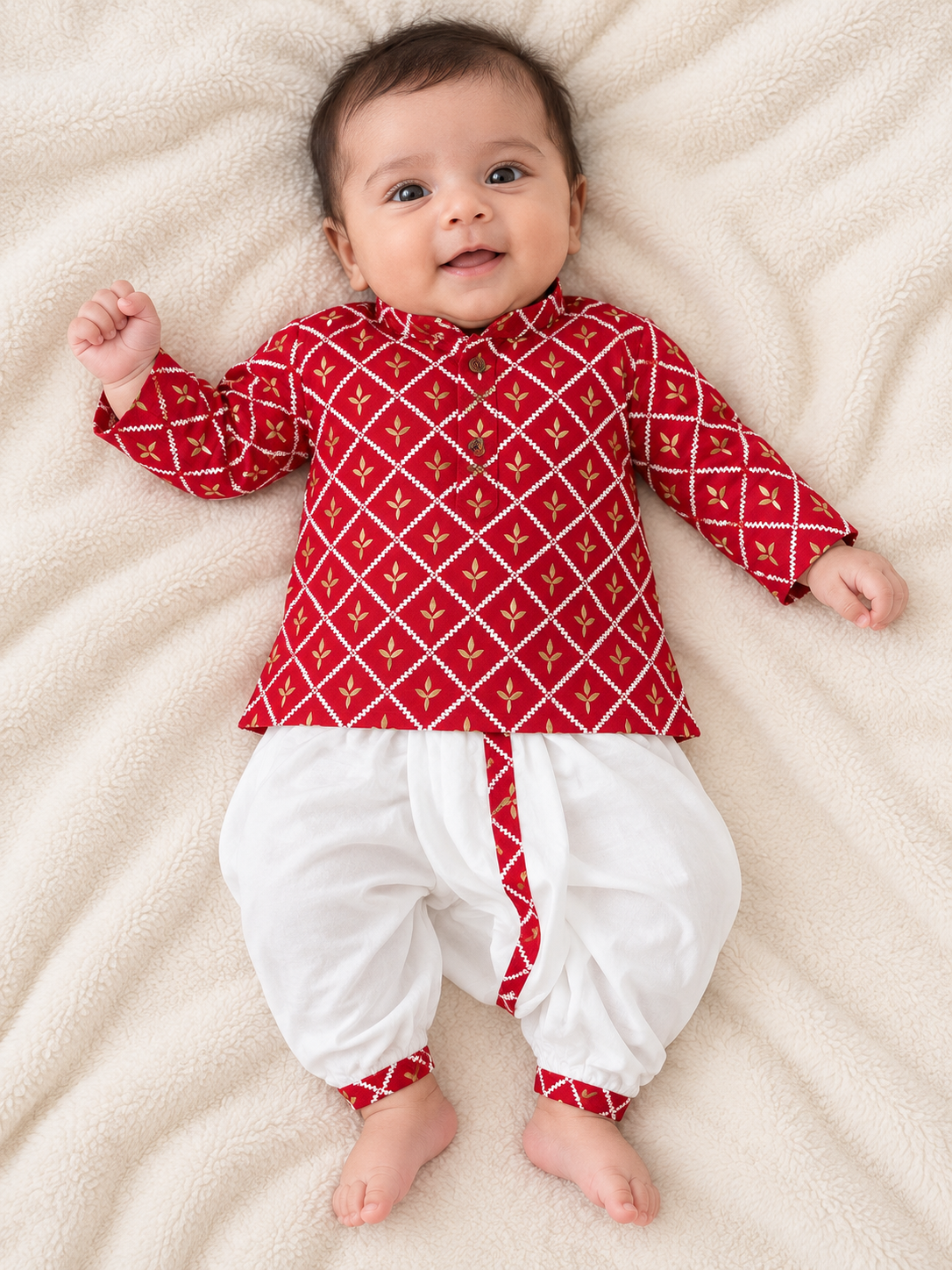 Red and White Printed Cotton Kurta and Dhoti Type Pant -  Boys Ethnic Wear