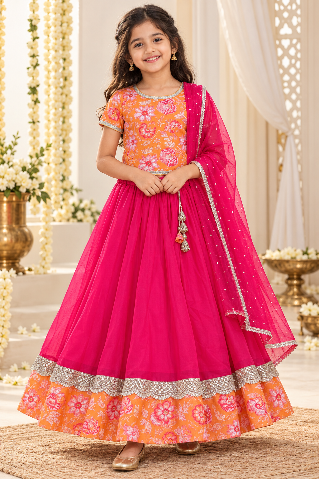 Orange and Pink Printed Lehenga with Shawl