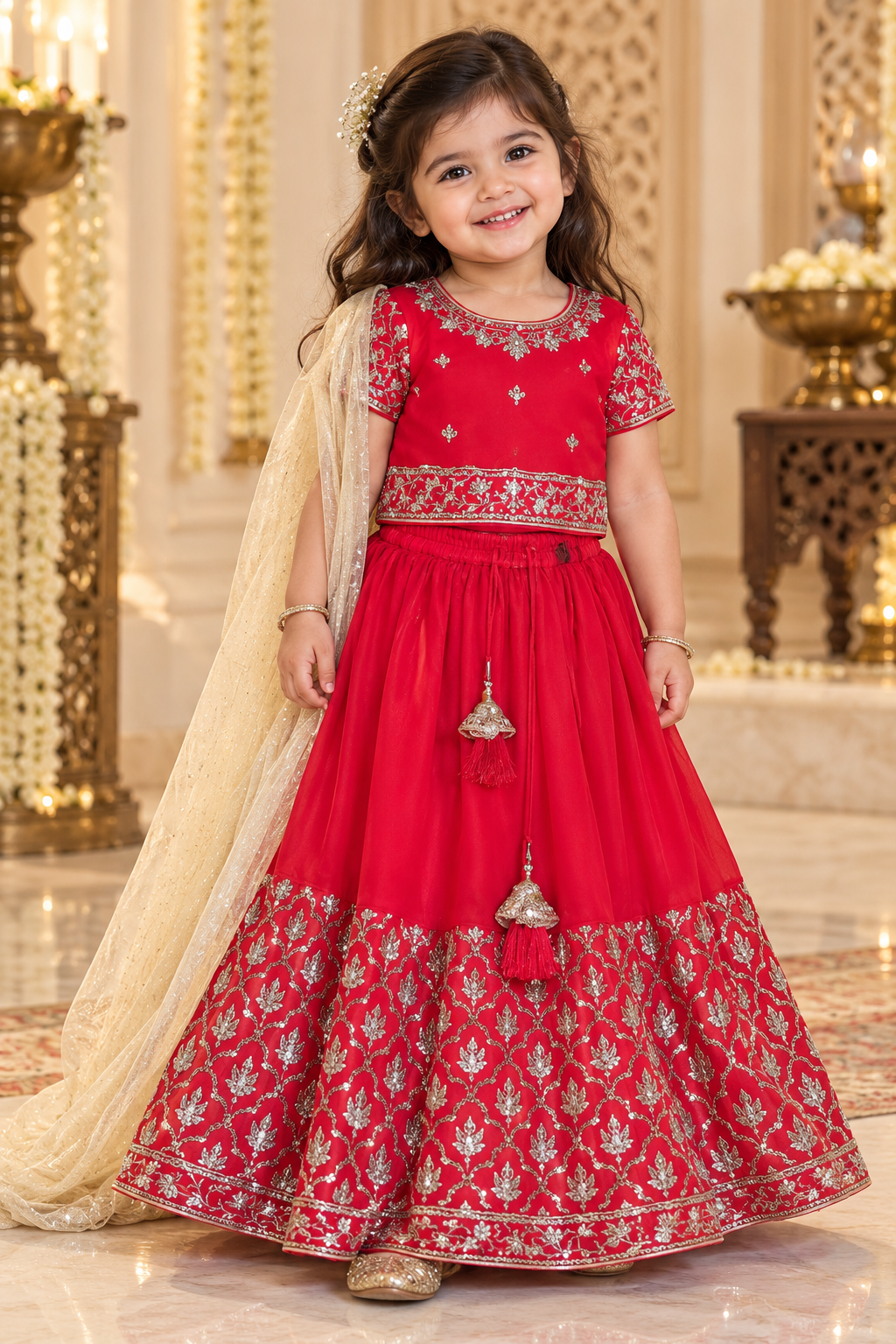 Red Embroidered and Sequin Work Lehenga - Girls Ethnic Wear