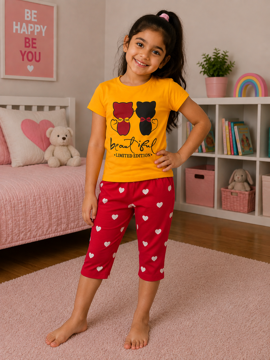 Bright Yellow Printed T-Shirt and Red Printed Capri