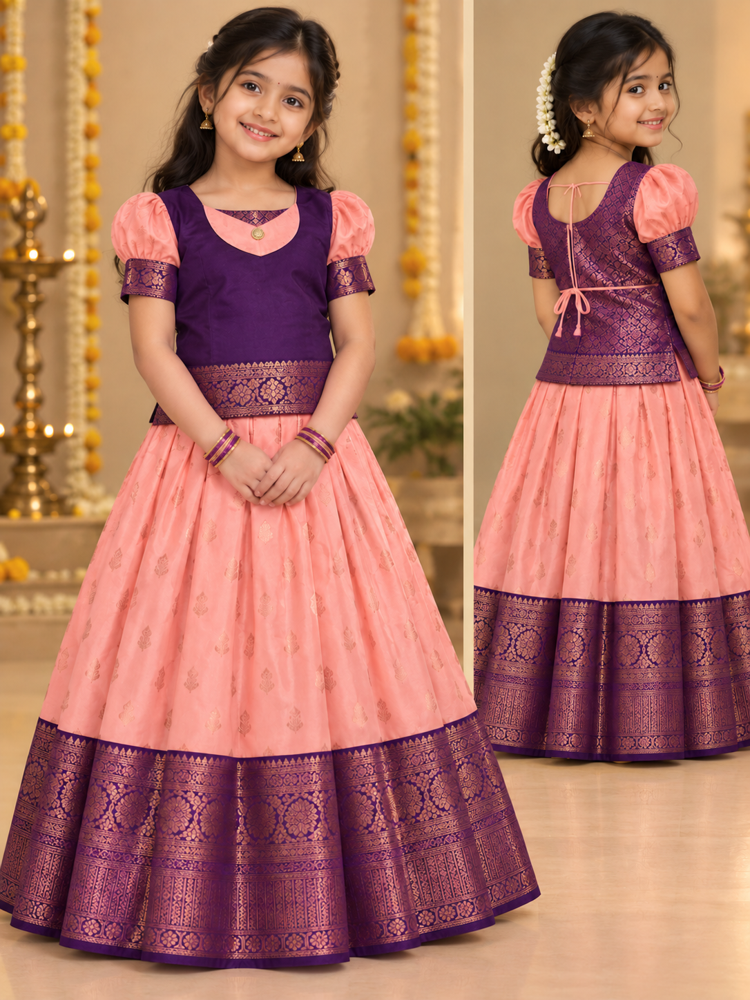 Peach and Purple Pavadai / Lehenga - Girls Ethnic Wear