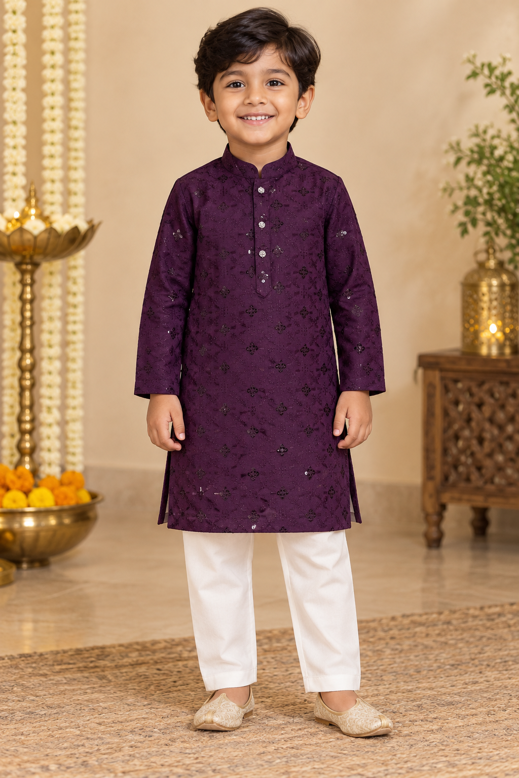 Purple Sequinned Boys Ethnic Wear Kurta with White Pant - Boys Ethnic Wear