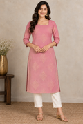 Pink Raw Silk Kurti with Golden Motifs (Pant not Included)