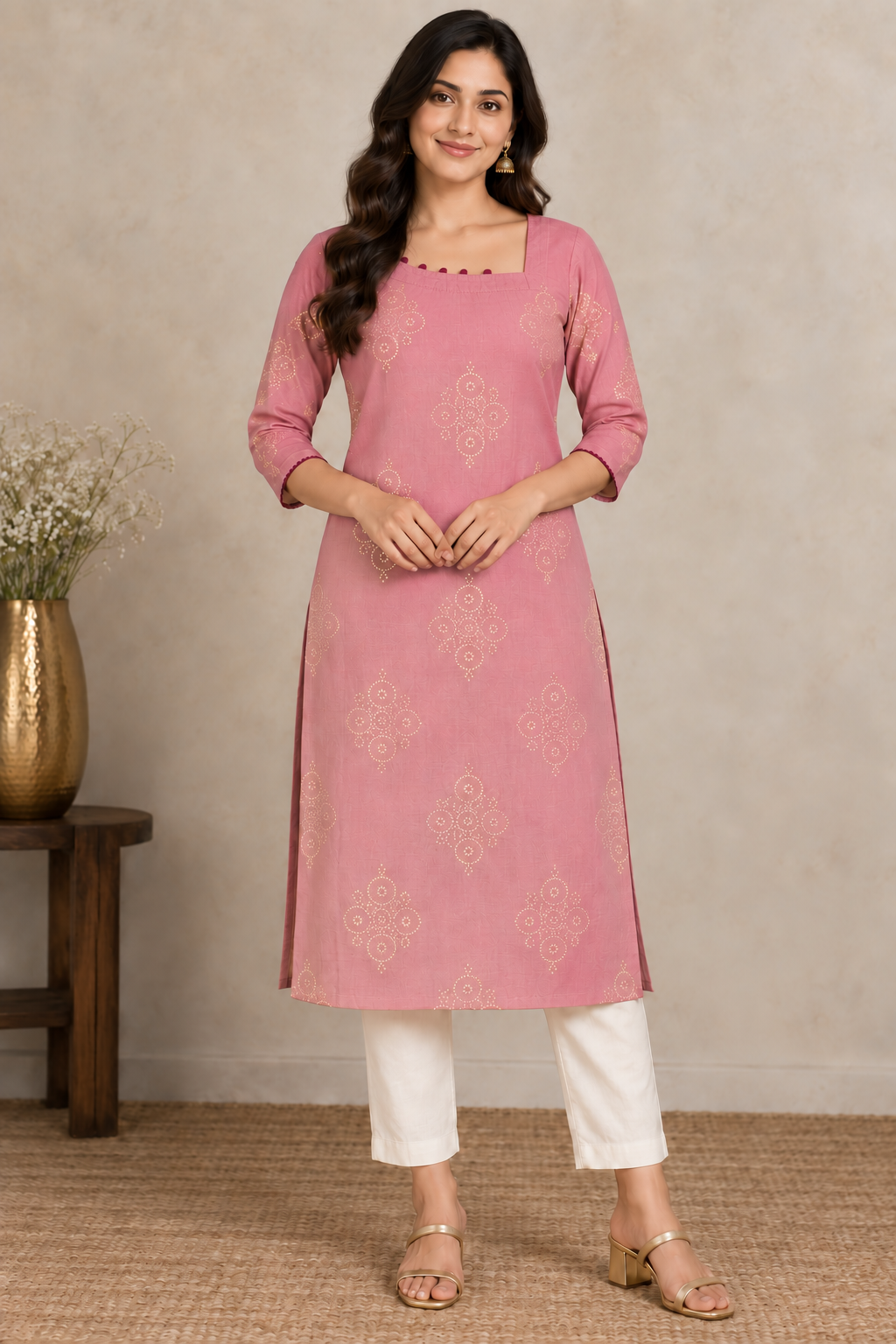 Pink Raw Silk Kurti with Golden Motifs (Pant not Included)