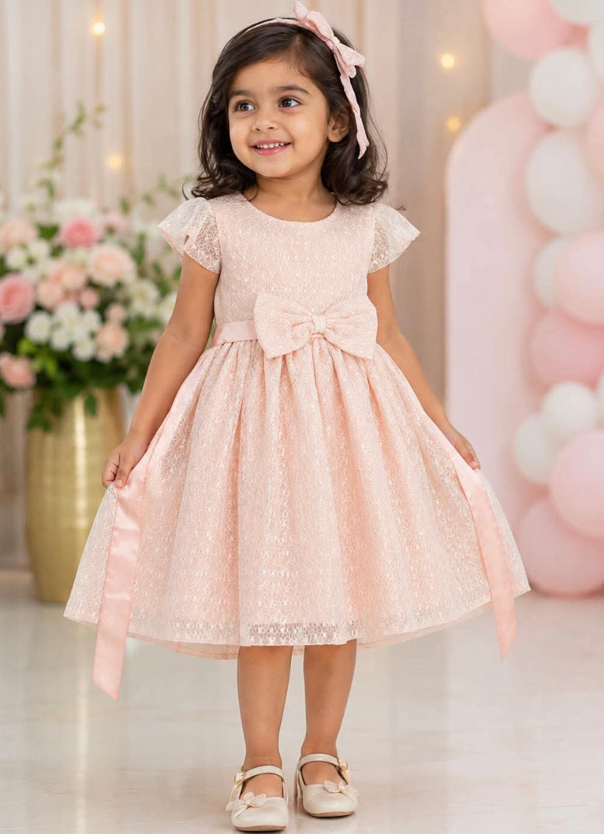 Peach Party Dress with Bow Design