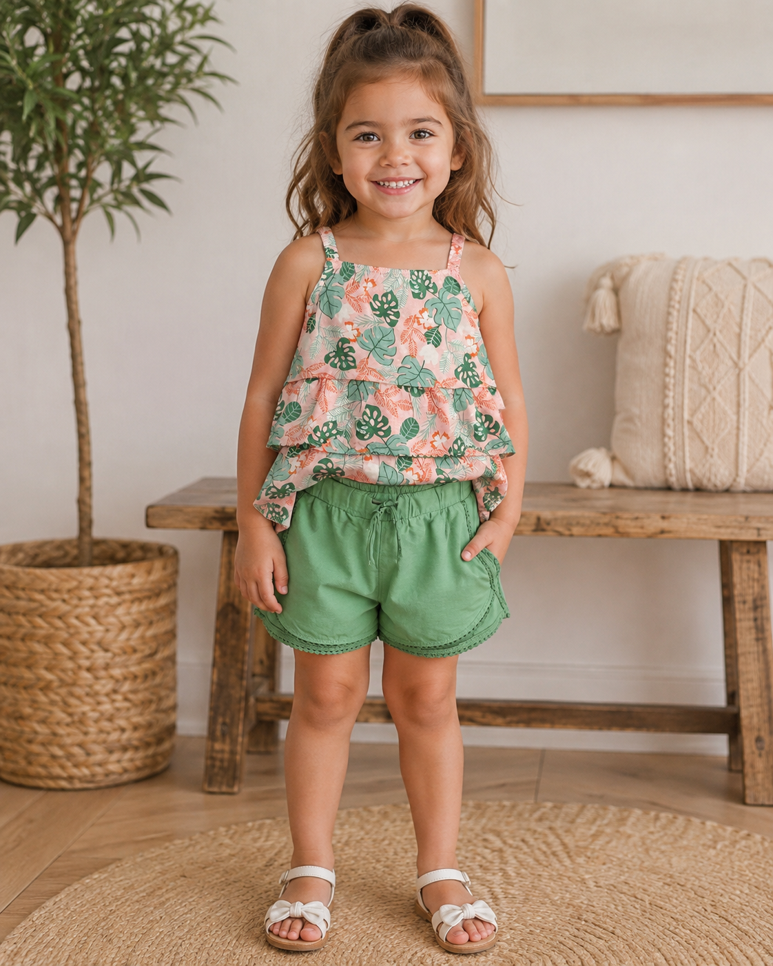 White Printed Tiered Top and Green Shorts Set