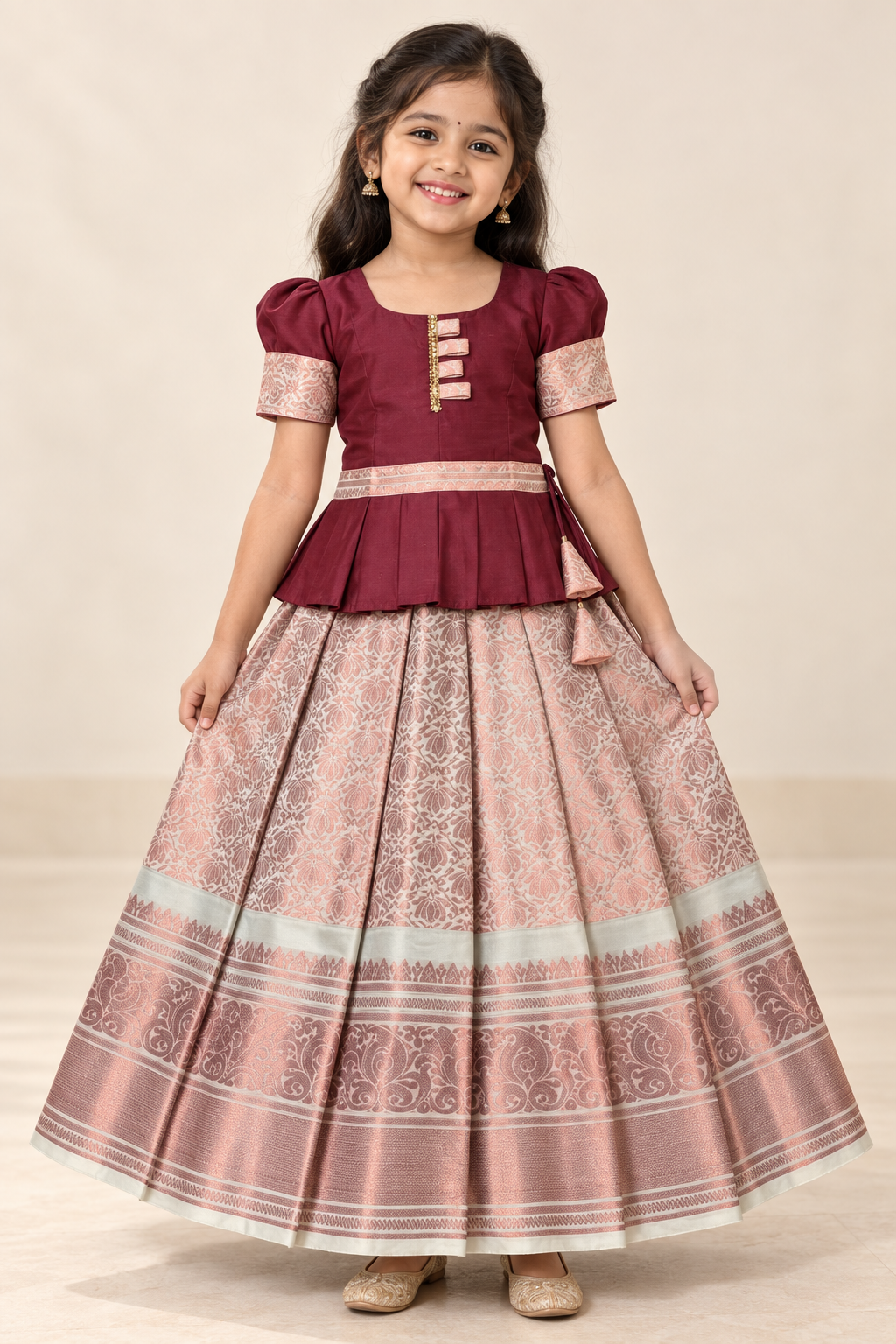 Maroon and Rose gold Pavadai / Lehenga - Girls Ethnic Wear