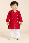 Red Printed Cotton Kurta and White Pants -  Boys Ethnic Wear