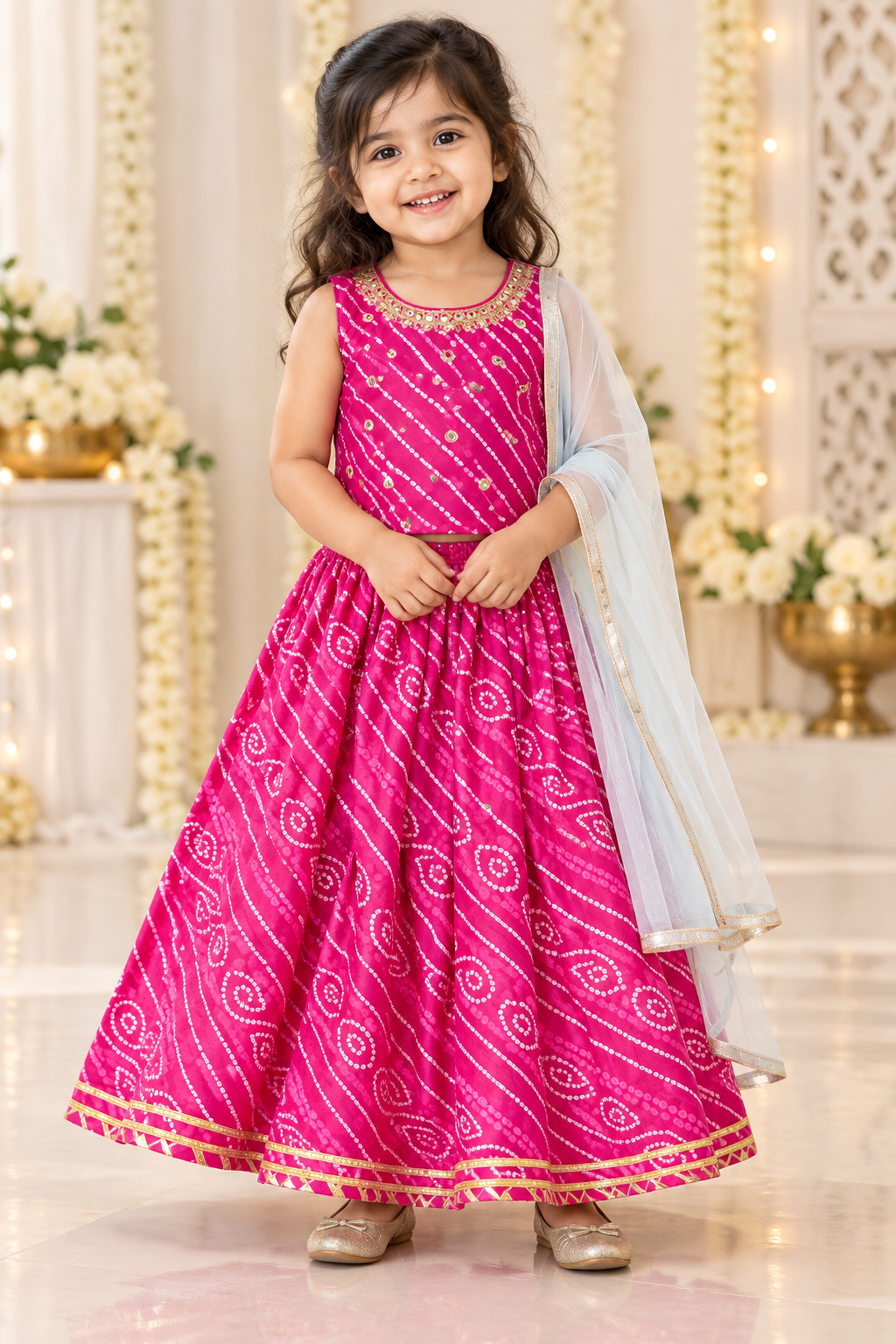 Magenta Embroidered Lehenga with White Shawl - Girls Ethnic Wear