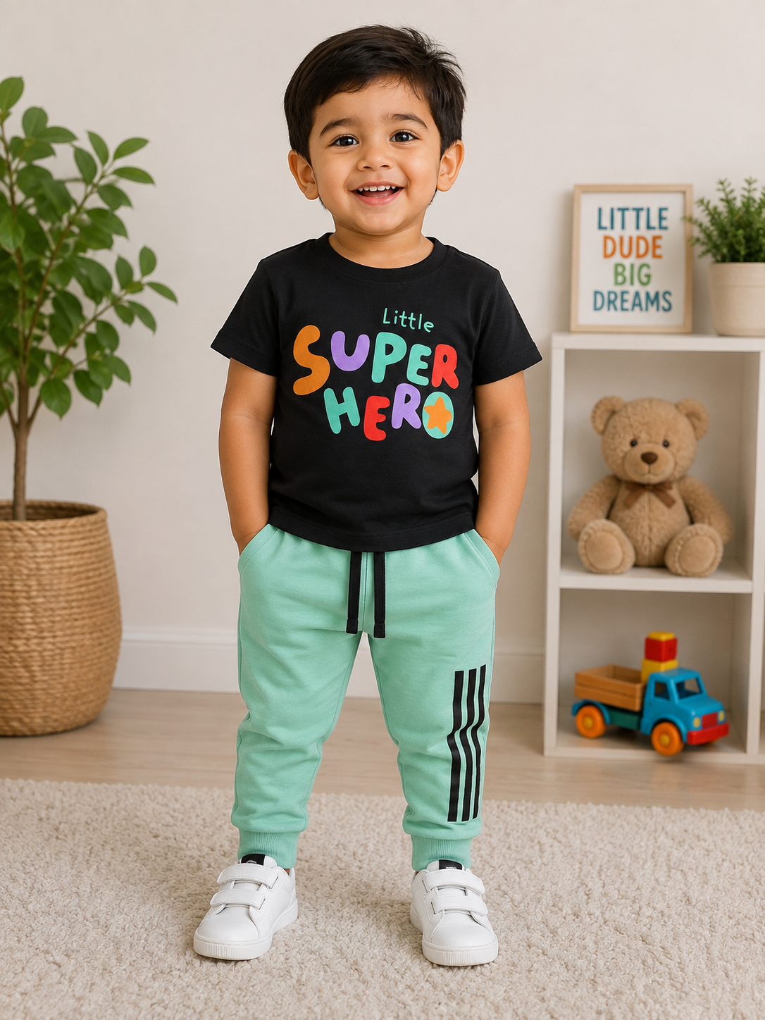 Black Printed T-Shirt with Pastel Green Joggers