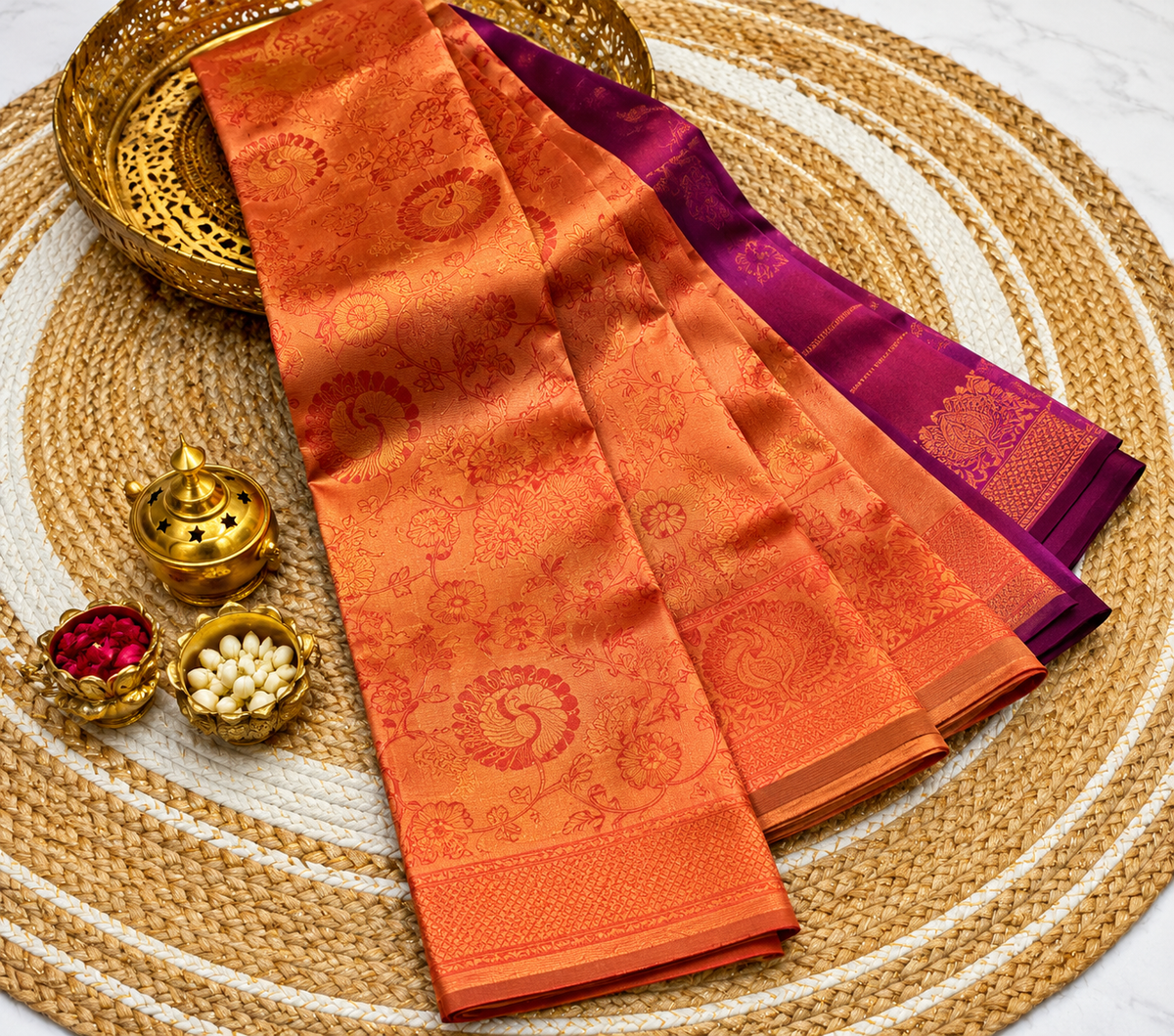 Orange and Pink Kubera Semi Silk Saree