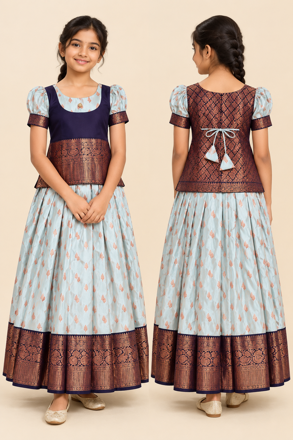 Grey and Blue Pavadai / Lehenga - Girls Ethnic Wear