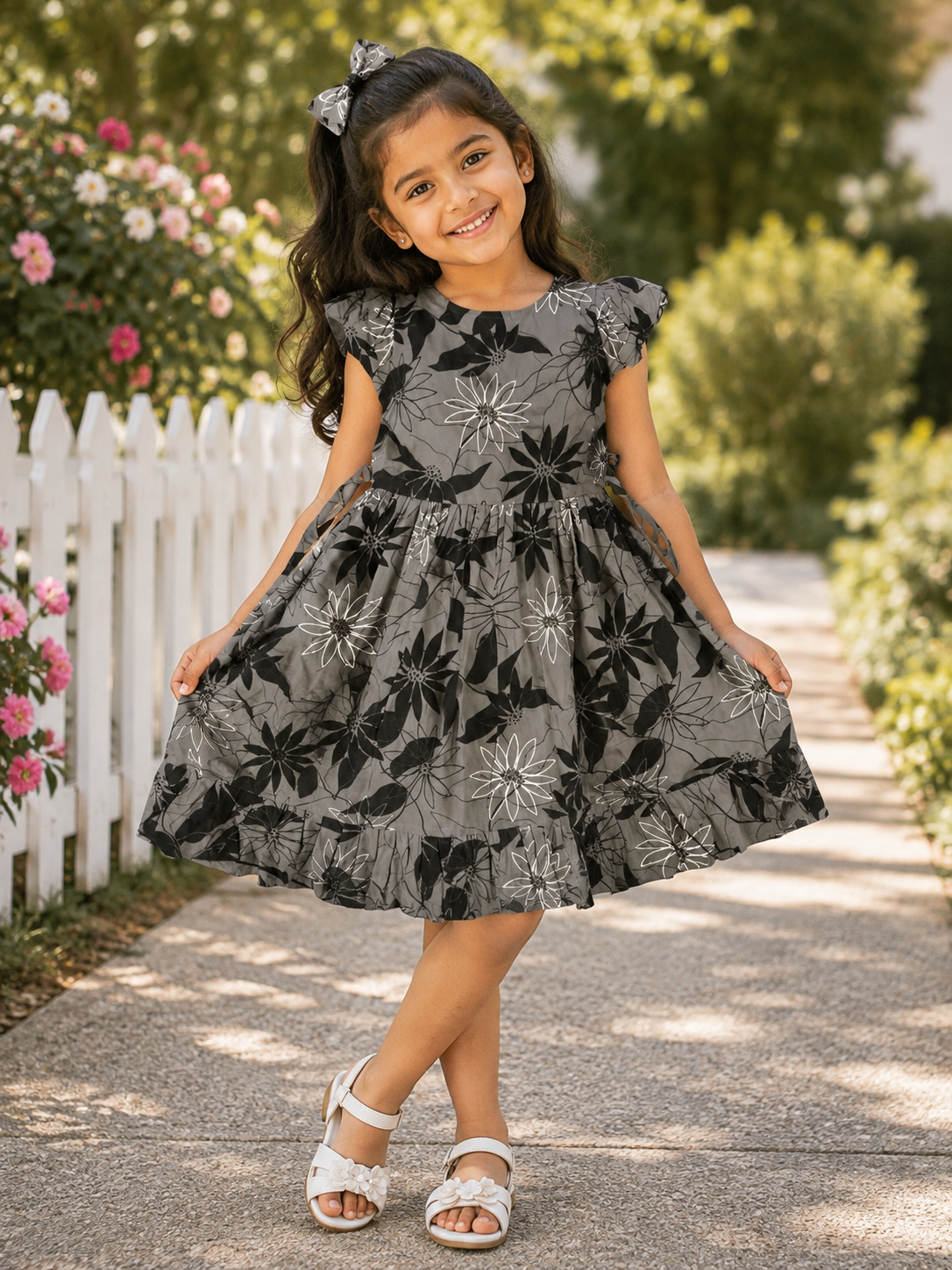 Black Floral Print Casual Dress