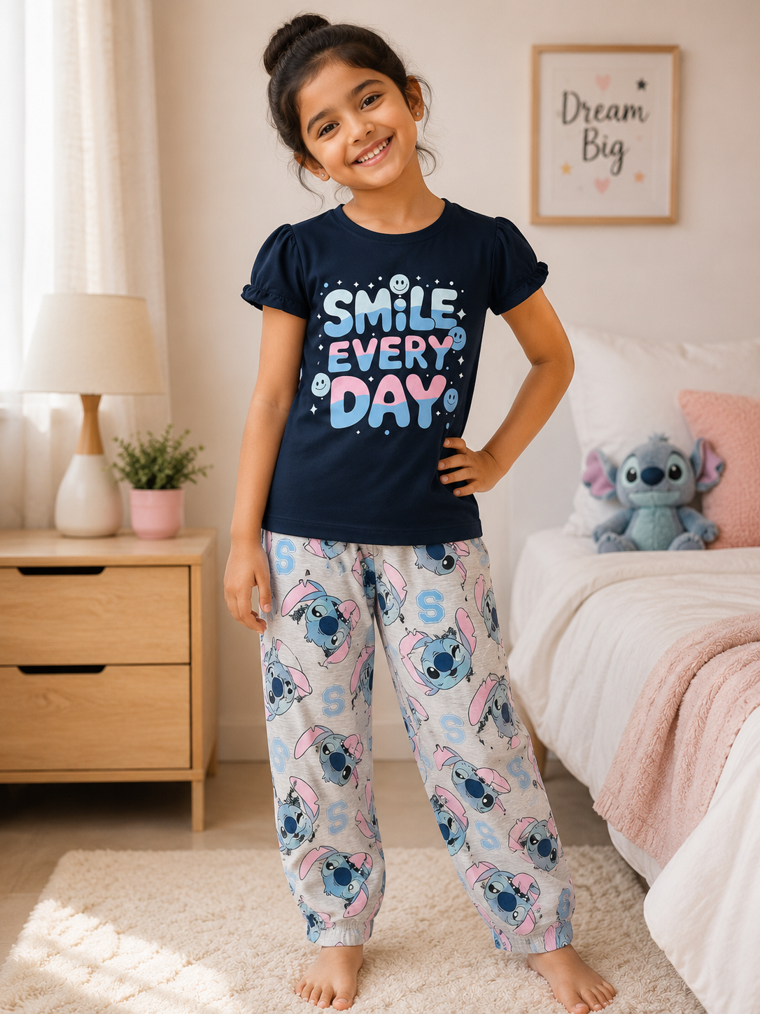 Dark Blue Printed T-Shirt with Grey Character Printed Pant Set