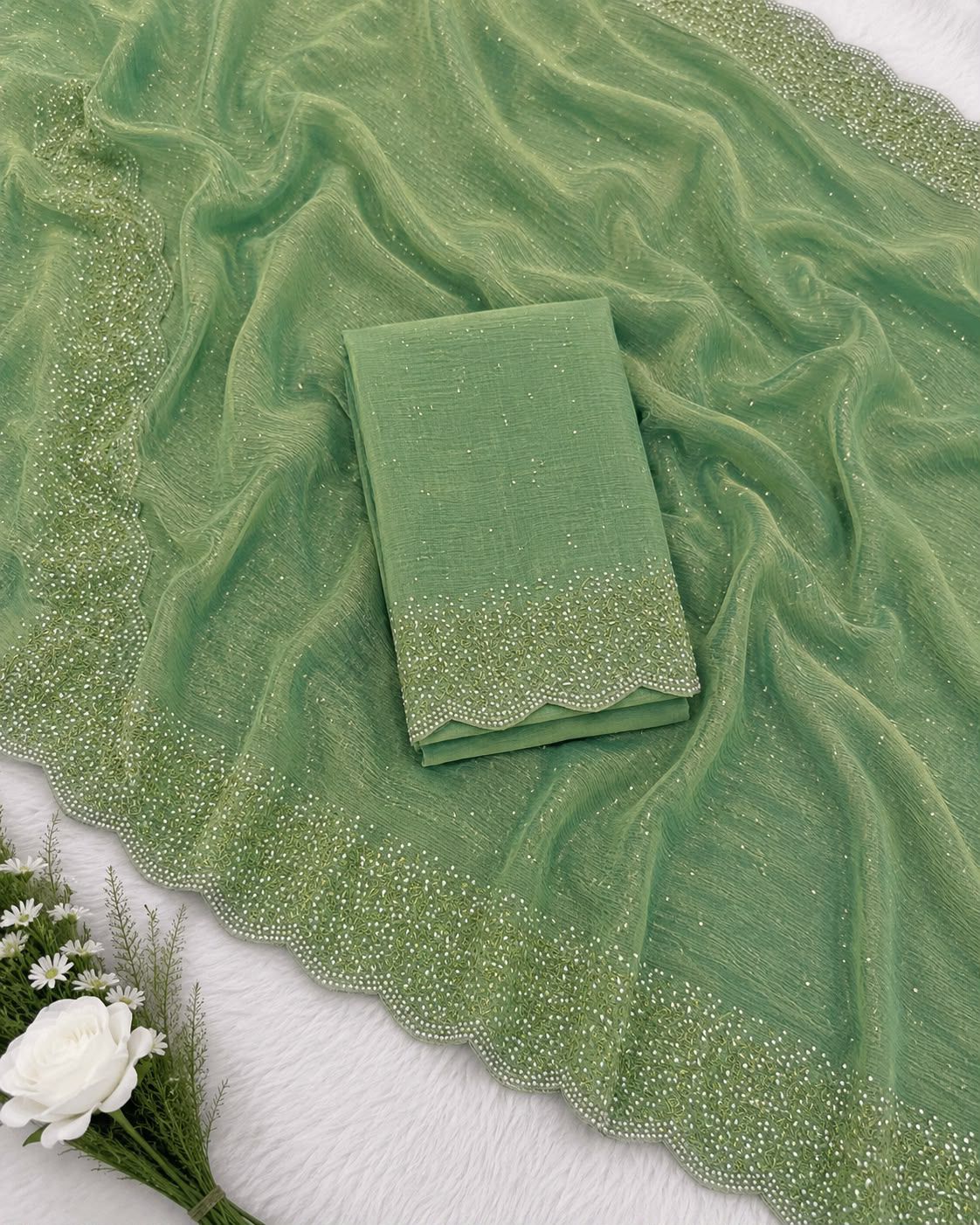 Mint Green Space Silk Saree with Stonework Border (Unstitched Blouse)
