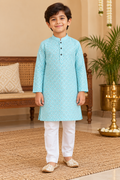 Pastel Blue Patterned Kurta and White Pants - Boys Ethnic Wear