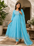 Sky Blue Embroidered 3-Piece Salwar Set