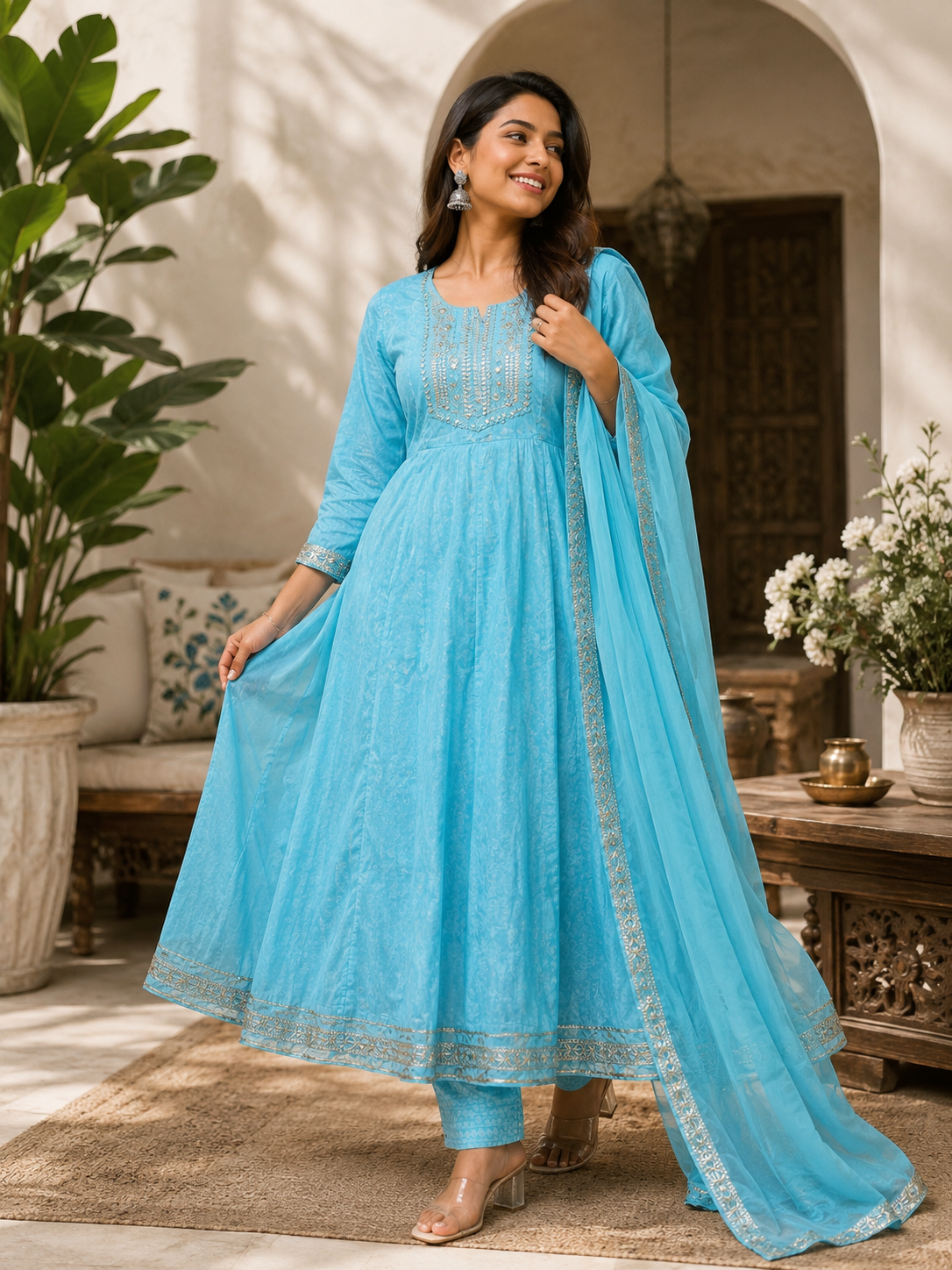 Sky Blue Embroidered 3-Piece Salwar Set