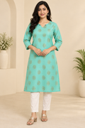 Turquoise Raw Silk Kurti With Golden Motifs (Pant not included)