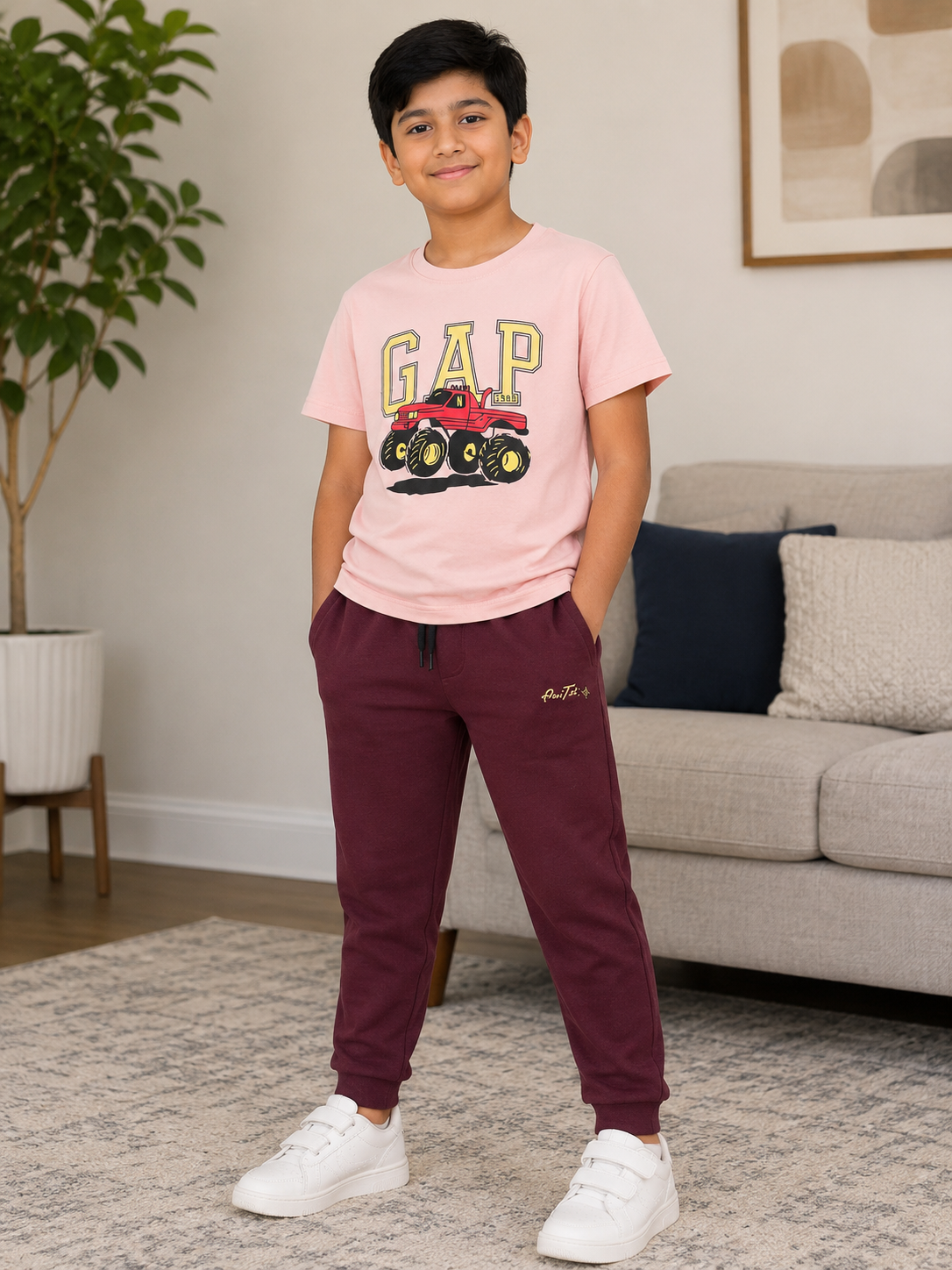 Peach T-Shirt and Maroon Pants Set